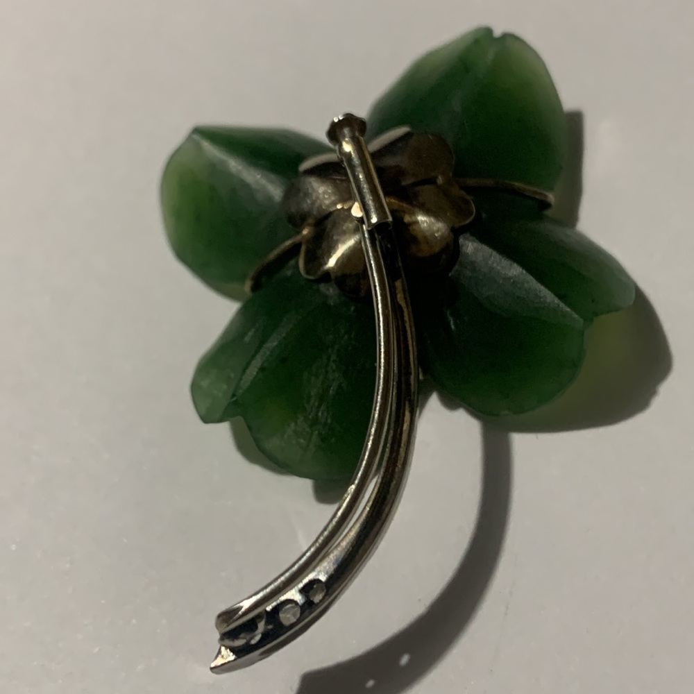 Rere Hard to find Jade Clover Leaf Brooch  Stamped 585 - Picture 2 of 14